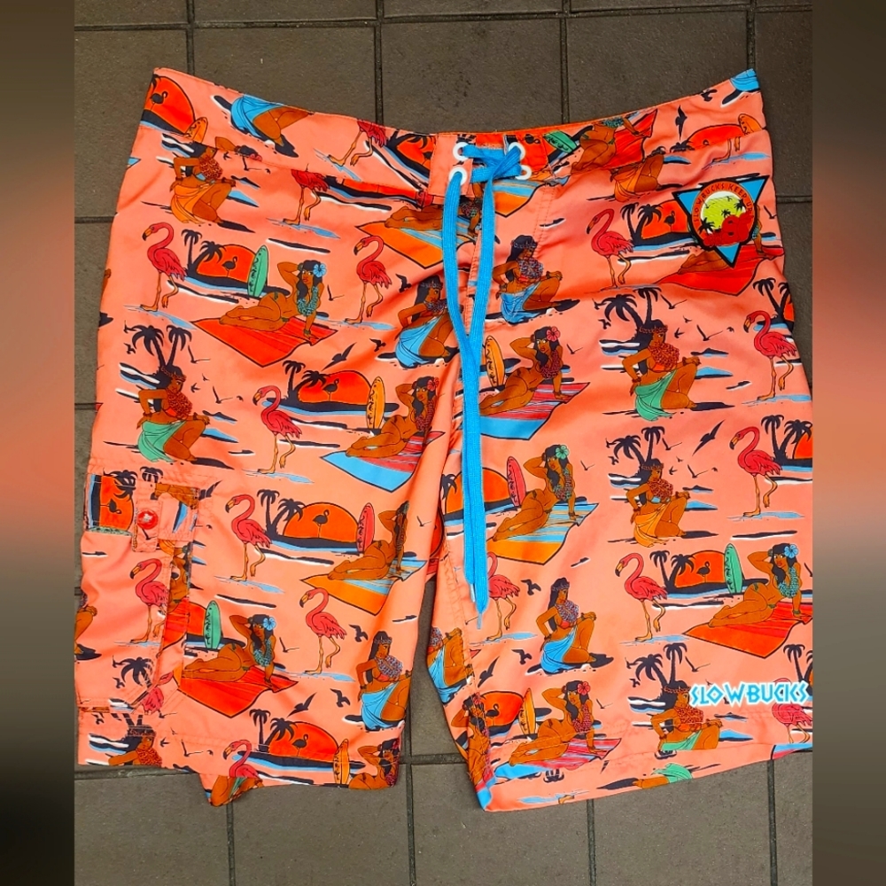 Slow Bucks Hawaiian Girl Flamingo Sunset Swim Trunk Men Size 38